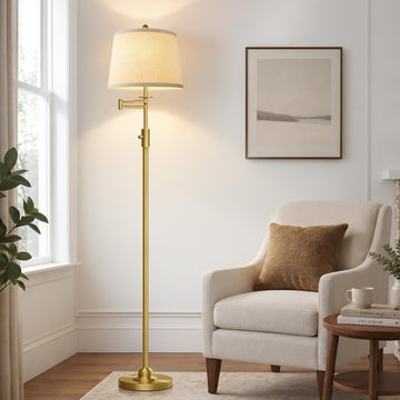 Dimmable Floor Lamp with 350° Swing Arm, 9w Bulb Included, Gold Brass