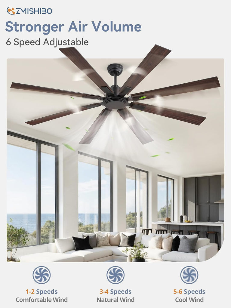 72 Inch Ceiling Fan No Light with Remote, Black Large Ceiling Fan Without Light with Quiet Reversible DC Motor