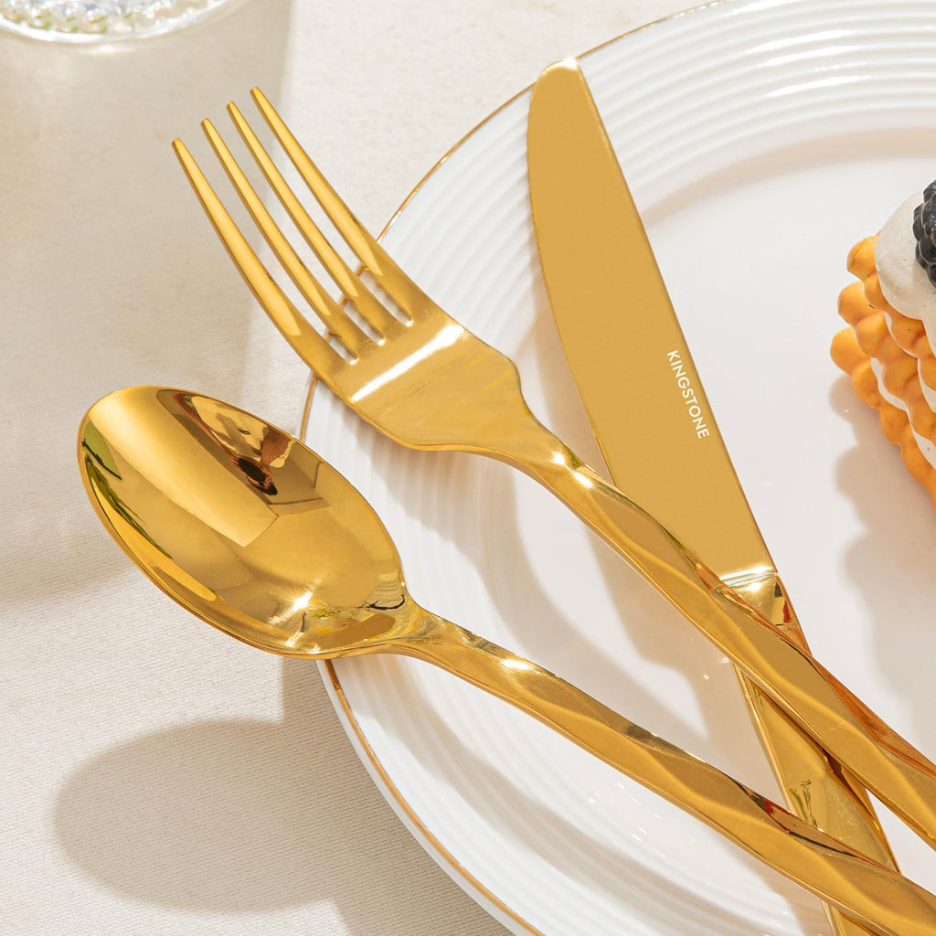 Gold Silverware Set, Luxury 60-Piece Flatware Set for 12, 18/10 Stainless Steel Cutlery Set with Diamond Cut Pattern