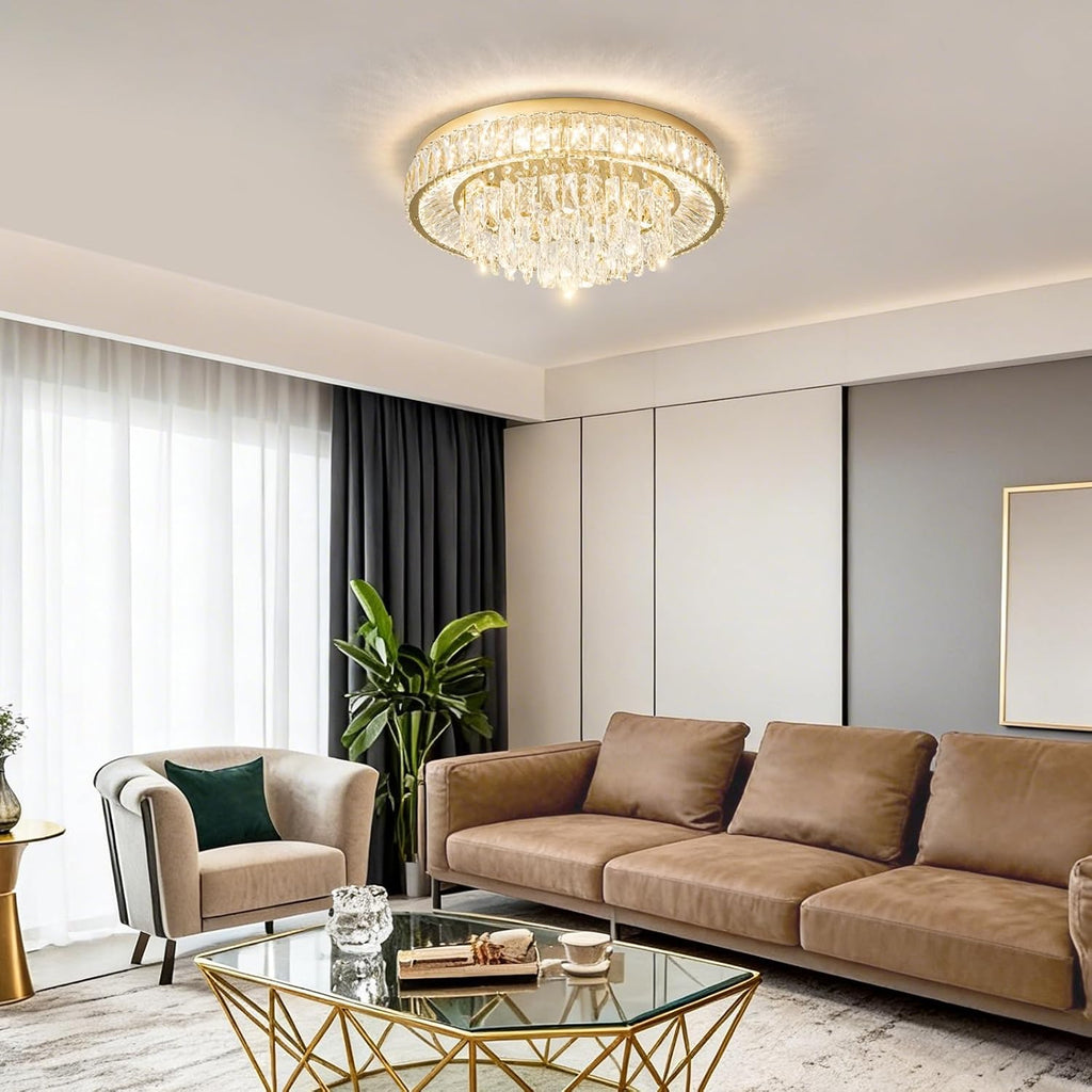 Modern LED Gold Crystal Chandelier: Flush Mount Crystals Ceiling Light With Remote - 24" Round Crystal Chandeliers