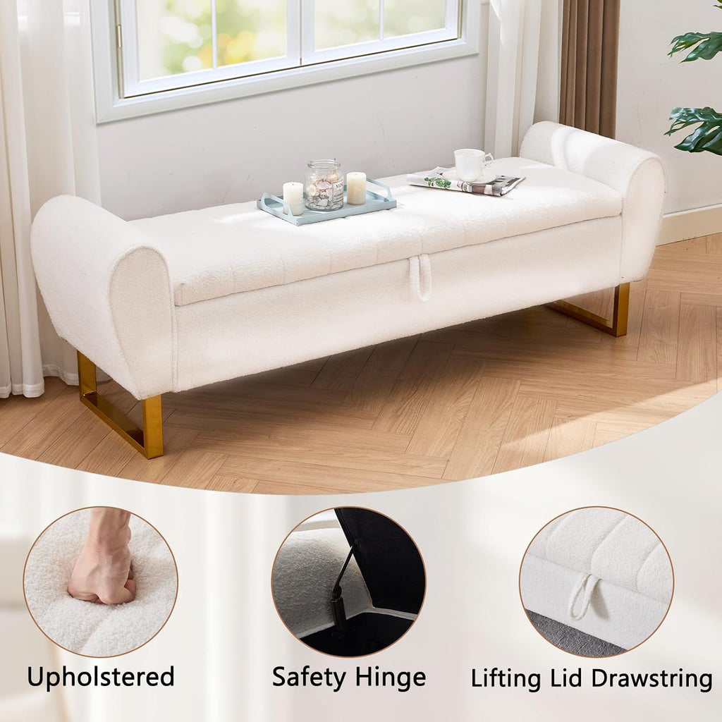 67'' King Size End of Bed Storage Bench ,Teddy Bedroom Benches for Foot of Bed King with Gold Legs, Storage Ottoman