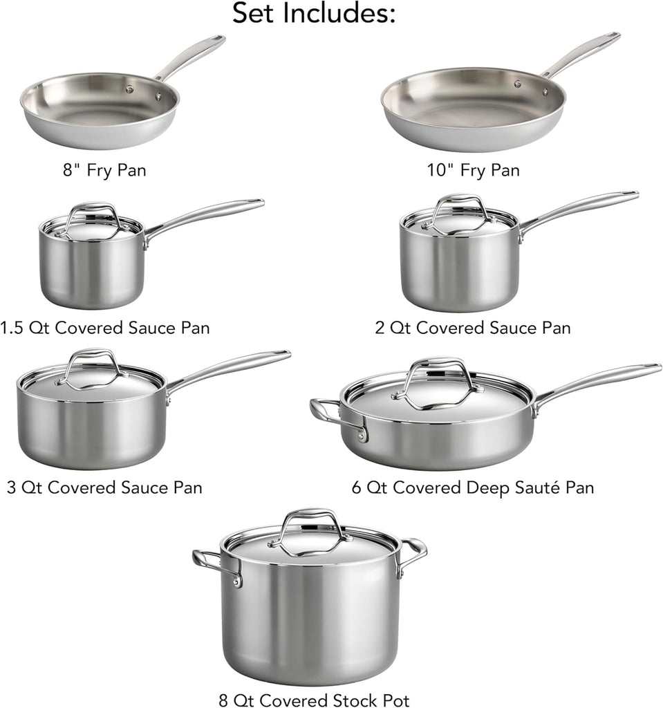 Signature Tri-Ply Clad Stainless Steel 12-Pc Pots and Pans Set | Cookware Kitchen Set, Induction-Ready