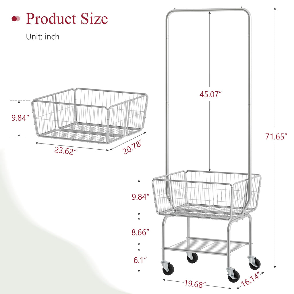 Rolling Laundry Cart with Hanging Rack & Laundry Basket, Silver