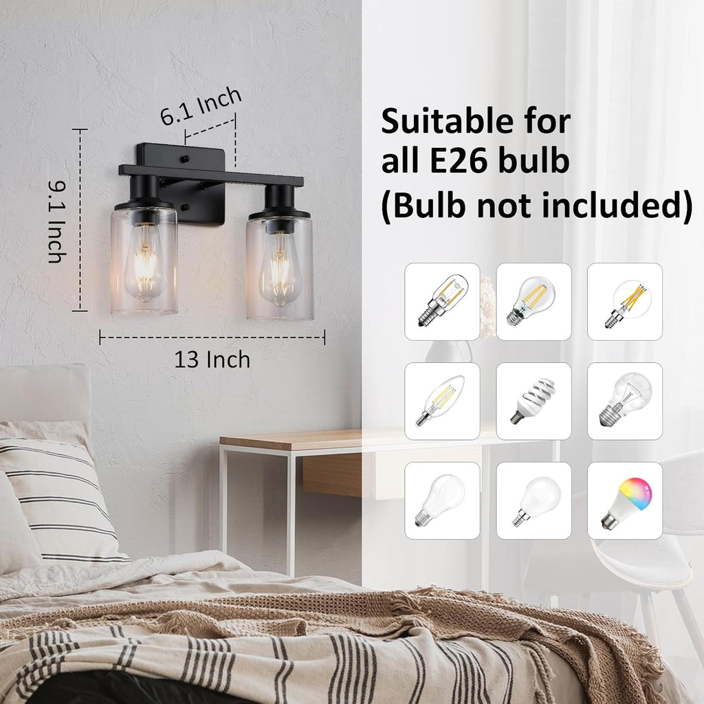2-Light Matte Black Bathroom Vanity Light,Bathroom Light Fixtures Over Mirror with Clear Glass Shade,Modern Farmhouse