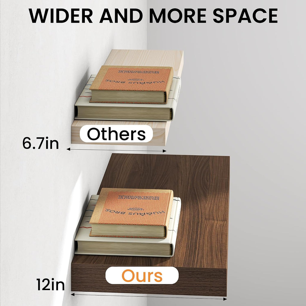 10" Deep Floating Shelves with Invisible Brackets, 24" Wall Shelves Bedroom Living Room, Modern Rustic Shelves Decor