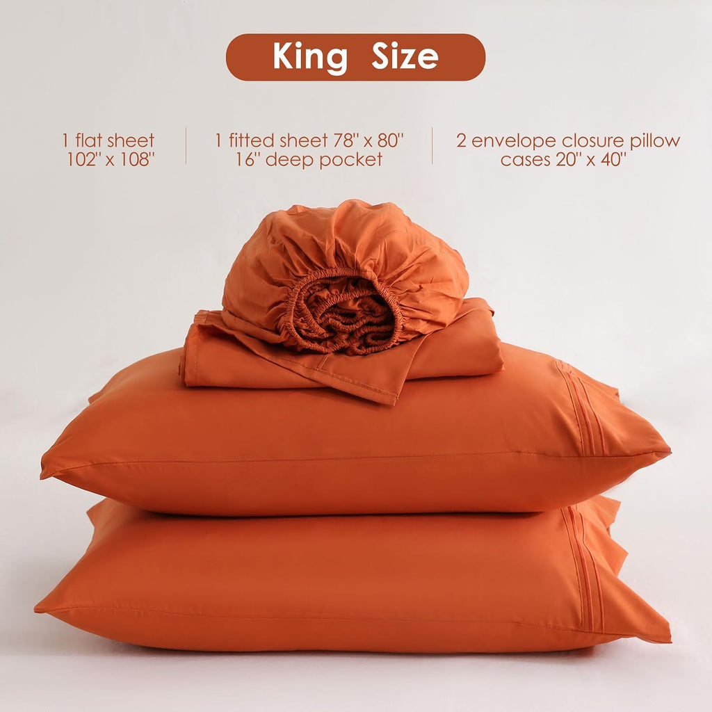 Orange Sheet Set with Side Storage Pocket, 4 Piece Soft Microfiber Bed Sheets Deep Pocket Corner Straps