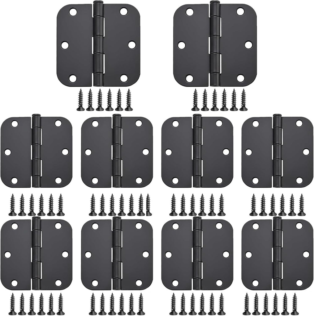 Matte Black Door Hinges 10 Pack 3x3 Inch Interior Door Hinges for Doors Rounded 5/8" Radius Corners Iron Hinge Door