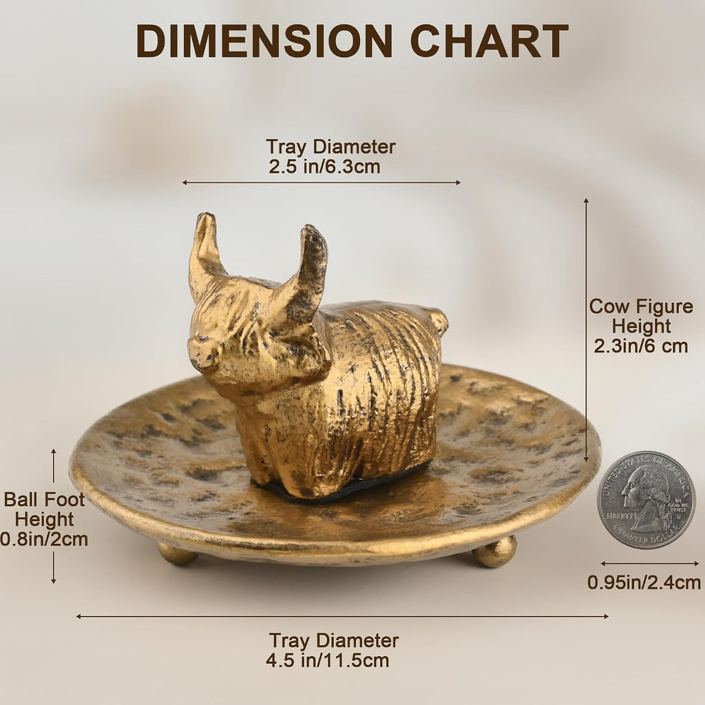Highland Cow Jewelry Dish, Vintage Brass Cast Iron Trinket Tray for Rings, Earrings, and Keys, Decorative Ring Holder