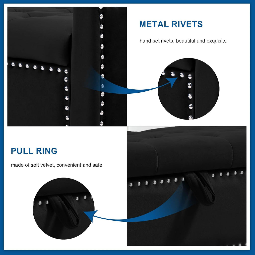 Storage Ottoman Bench, Velvet Upholstered Footstool , Tufted Seat with Storage, Wooden Legs & Metal Rivets, Black