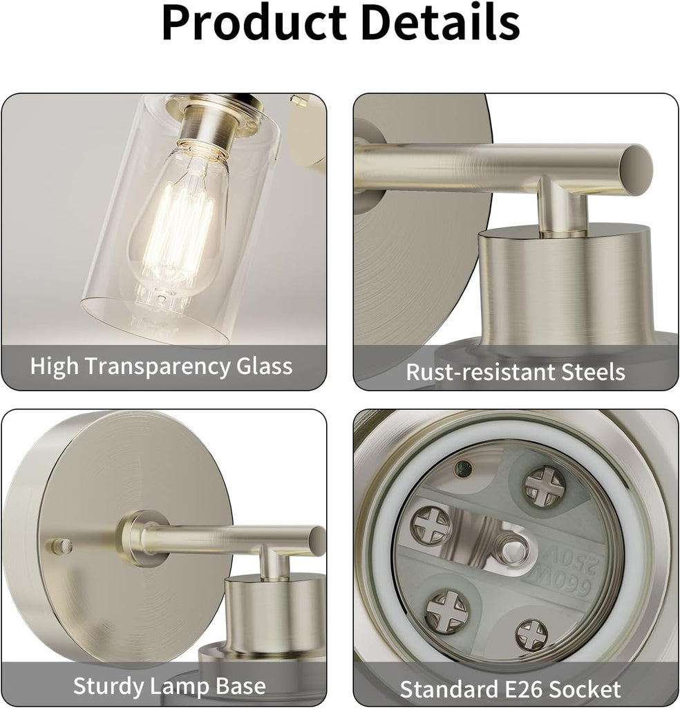 Bathroom Wall Sconces Set of 2, Brushed Nickel Vanity Light Fixtures | E26 Base, LED Indoor Wall Mount Lamp