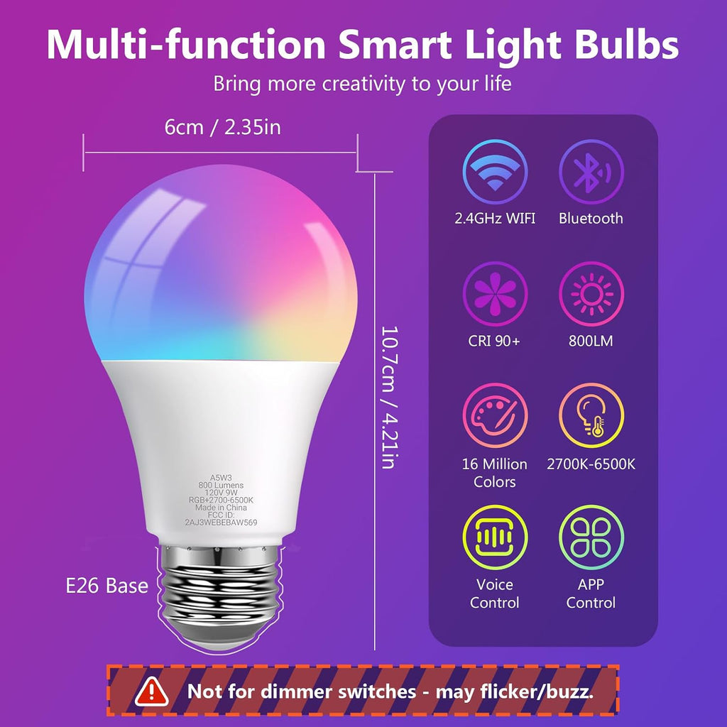 Smart Light Bulbs, RGBCW Color Changing Smart Bulb Compatible with Alexa & Google Home,Preset Scene, Music Sync, A19 (4 Pack)