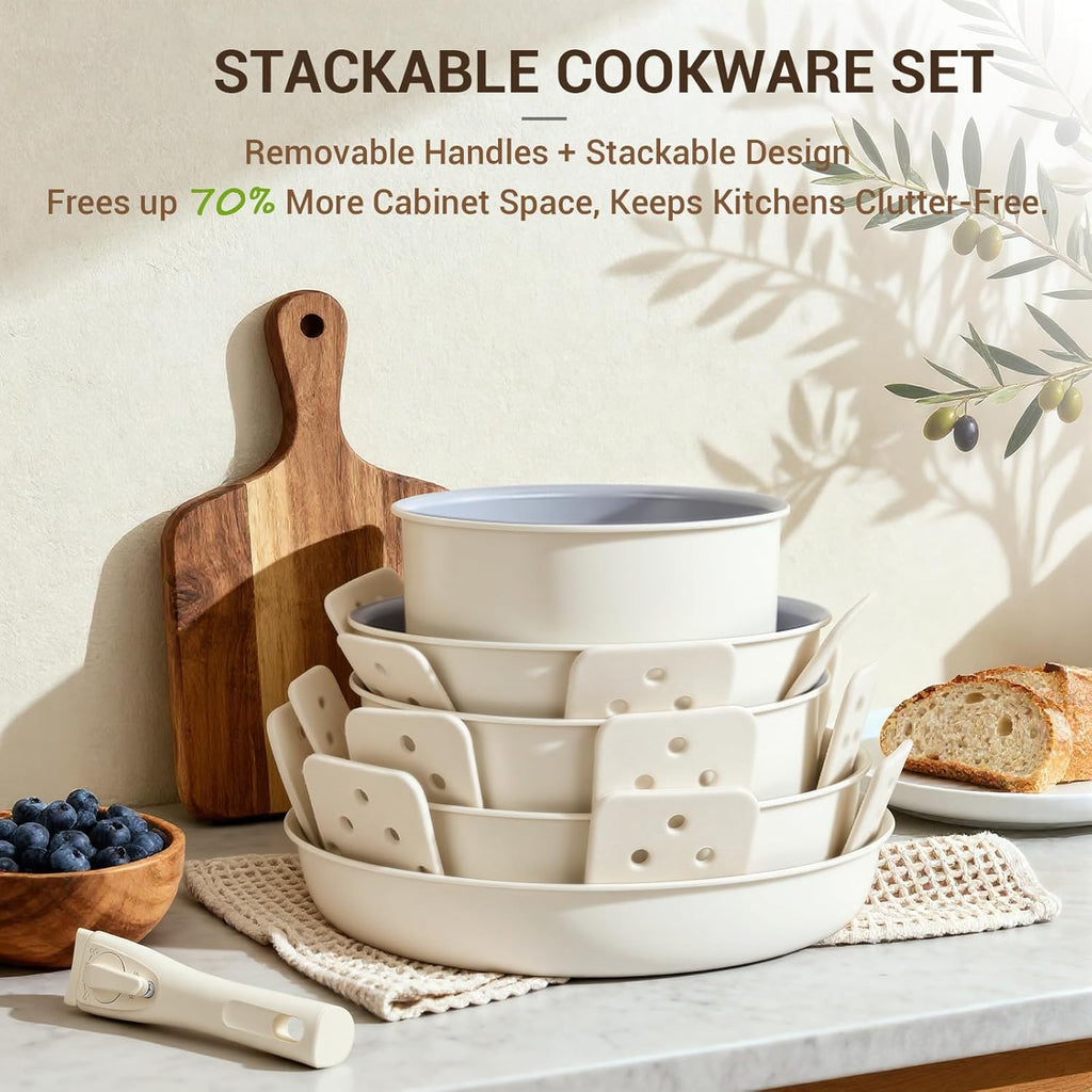 18-Piece Ceramic Pots and Pans Set Non Stick, Non Toxic Cookware Set with Removable Handles, Pot Sets for Cooking