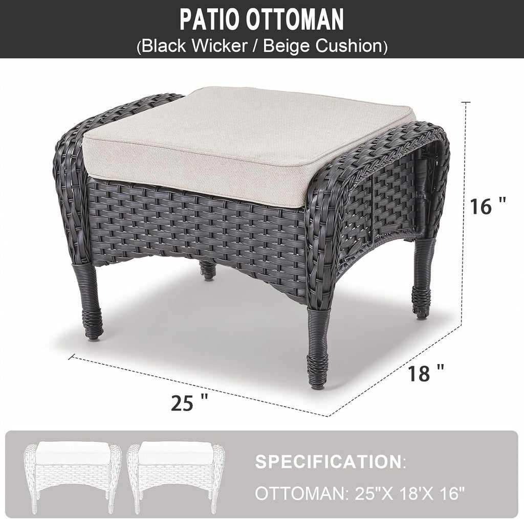 Outdoor Ottomans Foot Rest - 25 Inch PE Wicker Foot Stool Set of 2 with Removable Cushions Furniture Sets,All Weather
