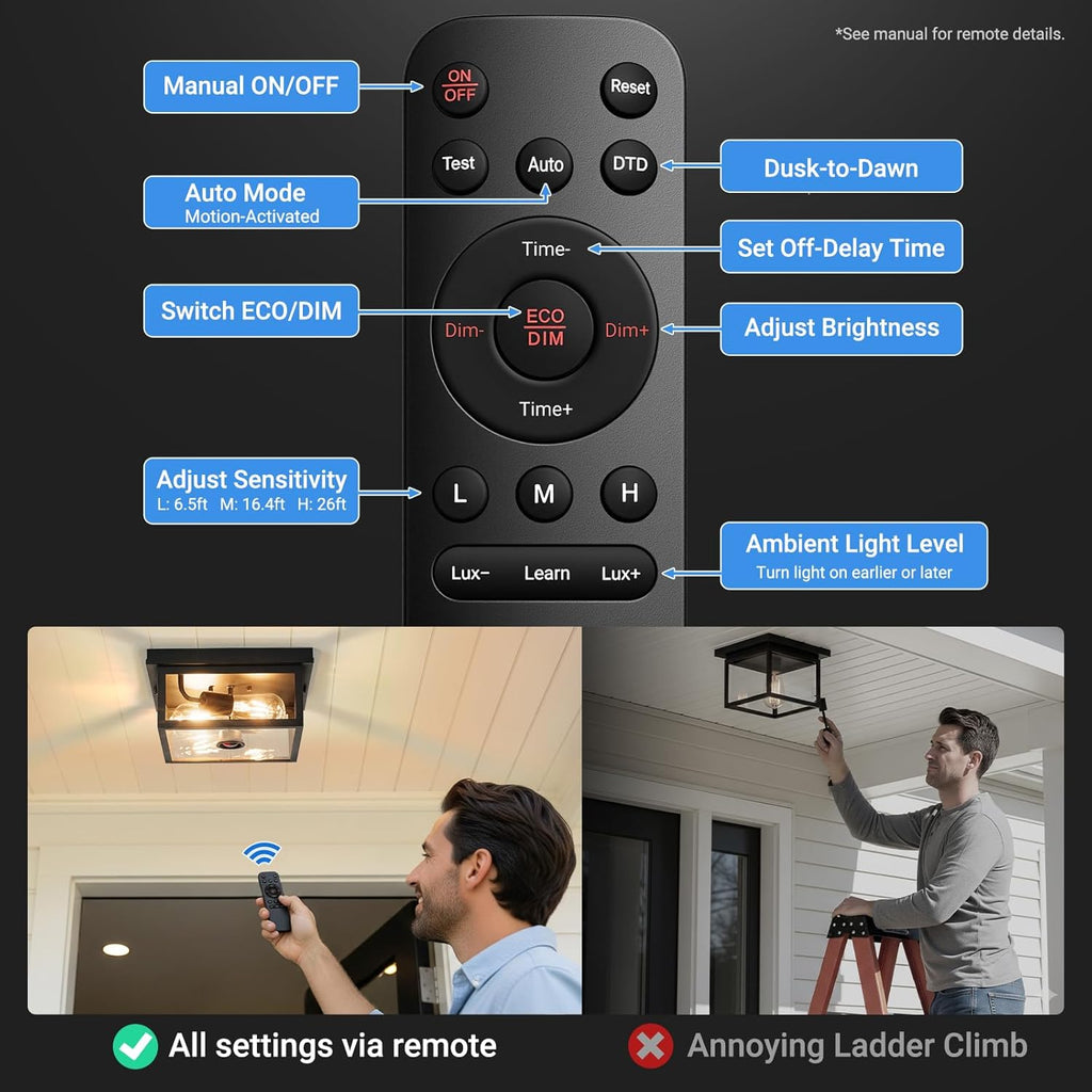 Motion Sensor Outdoor Ceiling Light with Remote Control