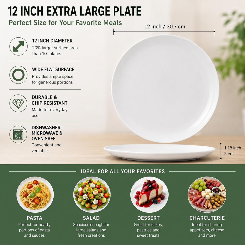 Serving Platters Set of 4, 12 Inch White Ceramic Serving Plates, Round Platters for Pasta, Steak, Appetizers and