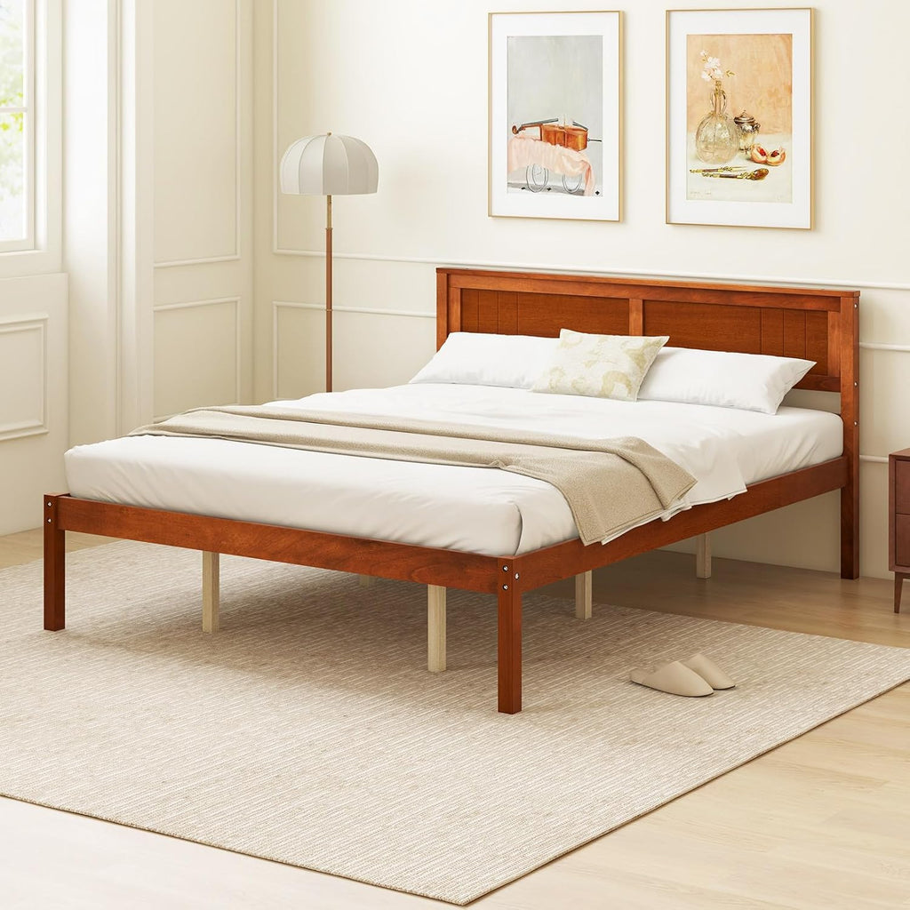 Queen Wood Platform Bed Frame with Headboard, Mid Century Queen Bed Frame with Wood Slat Support, Solid Wood