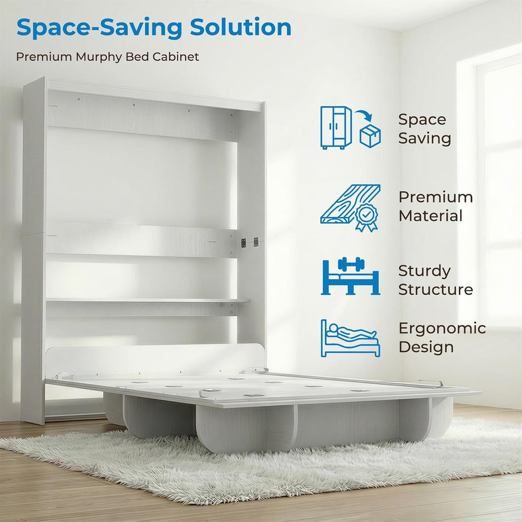 Queen Wall Murphy Bed with Storage Shelf, Queen Wall Beds Cabinet Murphy Beds with Bookshelf, Top Cabinet Bedframe