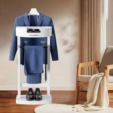 Wood Valet Stand with Tray, Clothing Valet Stand for Men Women, White Suit Rack, Drawer, Tie Hangers, Trouser Hanger
