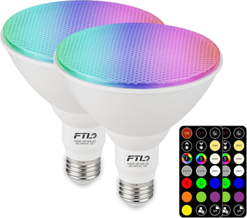 PAR38 LED Color Changing Flood Light Bulb with Remote Control, Dimmable RGB Colored Light Bulbs 14W=100W, 30 Colors (2-Pack)