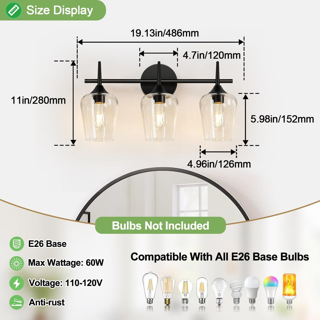 3-Light Bathroom Light Fixtures, Black Vanity Lights with Clear Glass, 19.5 Inch Bathroom Lighting Fixtures Over
