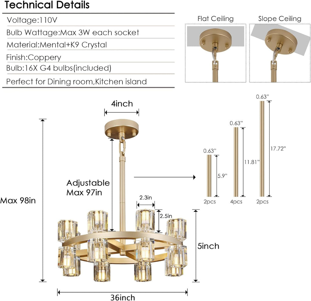 Gold Chandelier Light Fixture kitchen and dining, 16-Lights Modern Chandeliers for dining room, 18"Farmhouse Kitchen Chandelier Over Table, Crystal Wagon Wheel Chandelier(bulbs included)