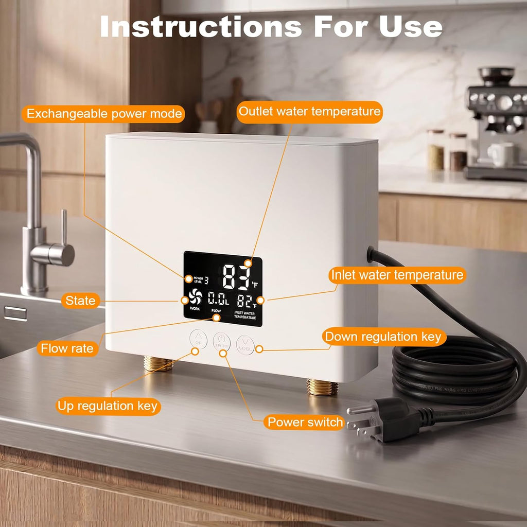Electric Tankless Water Heater 3000W 110V, Instant On-Demand Hot Water System with Digital Display & Remote Control