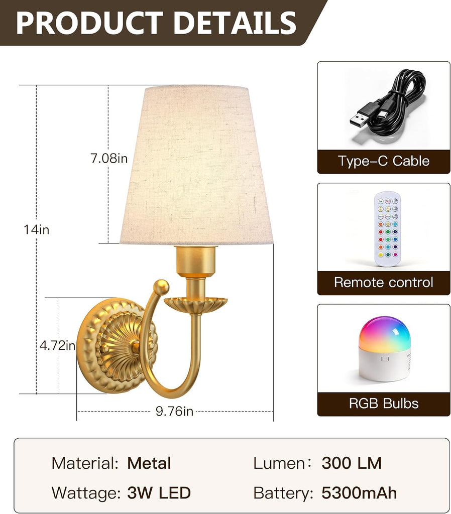 Wireless Wall Sconces Set of Two 14"H, 5300mAh Battery Operated Wall Sconce, Rechargeable Bulbs with Remote, 15