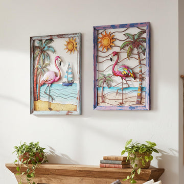 Metal Wall Art Flamingo Tropical Boho Wall Decor 2 Pack, Bird Wall Art