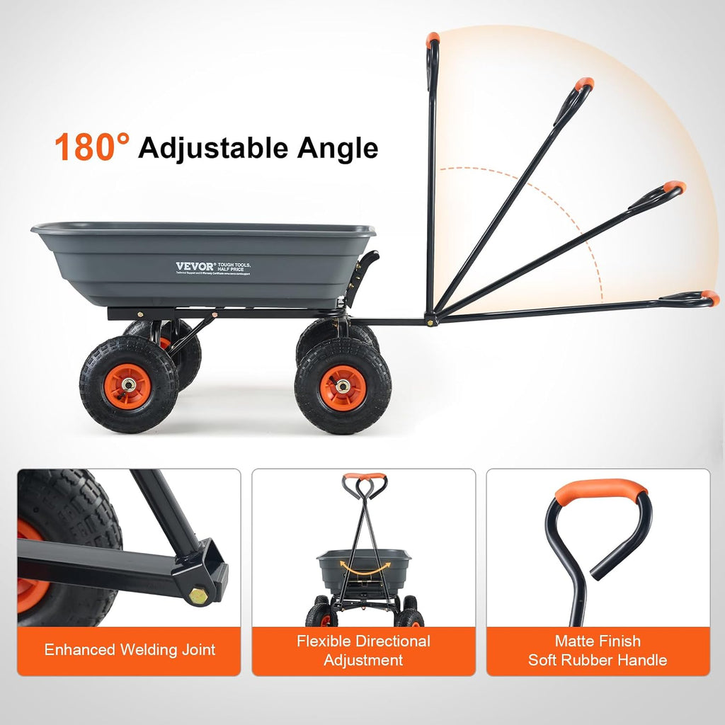 Poly Garden Dump Cart 4 Cu.Ft. 600 lbs 4 Wheel Wheelbarrow Dump Wagon | For Orchard Farm, Adjustable Handle, Heavy
