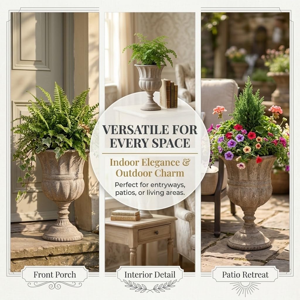 Vintage Urn Planter with Embossed Pattern, Imitation Stone Finish Flower Pot, Distressed Classic Plant Pot for