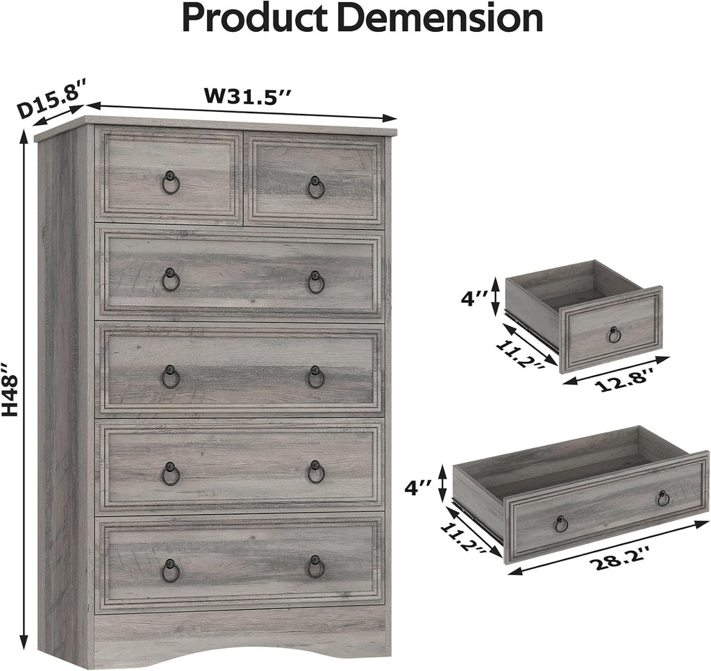 48'' Tall Grey Dresser with 6 Drawers Chest of Drawers , Large Storage Organizer for Clothes, Taupe Grey