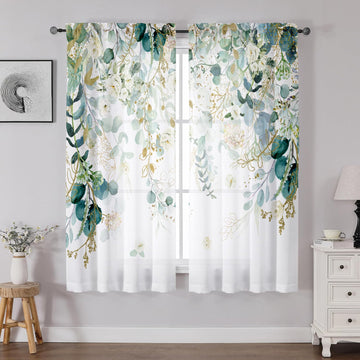 Green Eucalyptus Leaves Curtains 63 Inch Length 2 Panels, Elegant Wild Flower Floral Light Filtering Bedroom Living