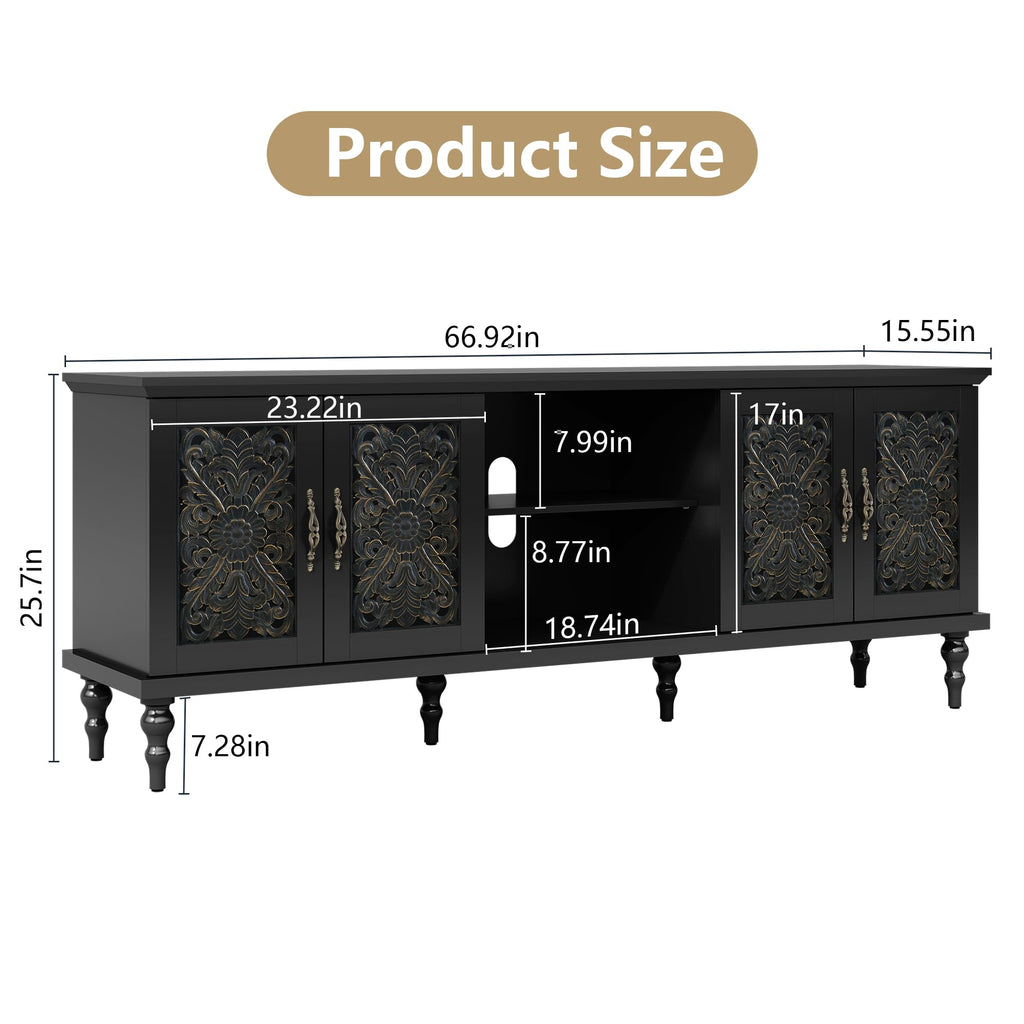 67" Retro TV Stand with Hollow Carved Doors, Black