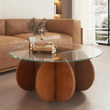 Glass Coffee Tables Modern Elegant Round Coffee Table Mid Century Farmhouse Center Table with Solid Wood Frame and