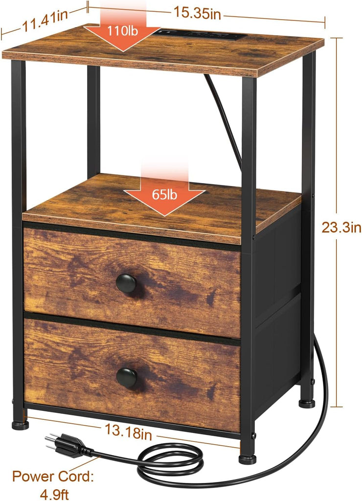 Nightstands Set of 2, Night Stand with Charging Station, End Tables with Storage Shelf , Bedside Table with 2 Fabric