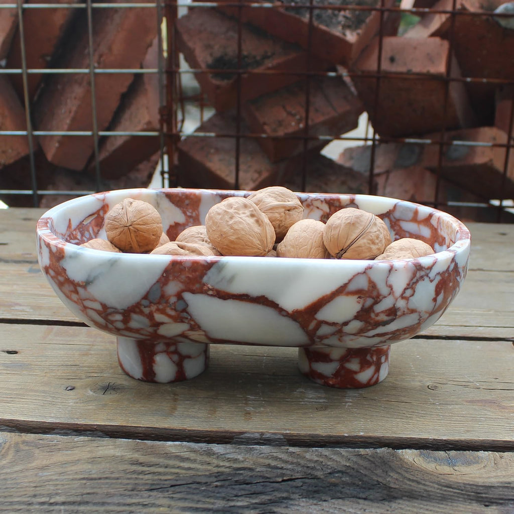 Natural Oval Calacatta Red Marble Fruit Bowl Counter 10", Large Decorative Bowl Two-Legs Decor, Fruits Holder For