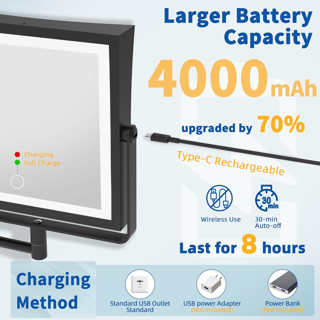 Rechargeable Wall Mounted Makeup Mirror with Lights, Double Sided 1X/10X Magnifying Vanity Mirror with 3 Color