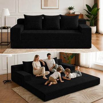 2 in 1 Convertible Boneless Couch Bed, Corduroy futon Sofa Bed, Compression Folding Floor Couch Sofas Bed with 3