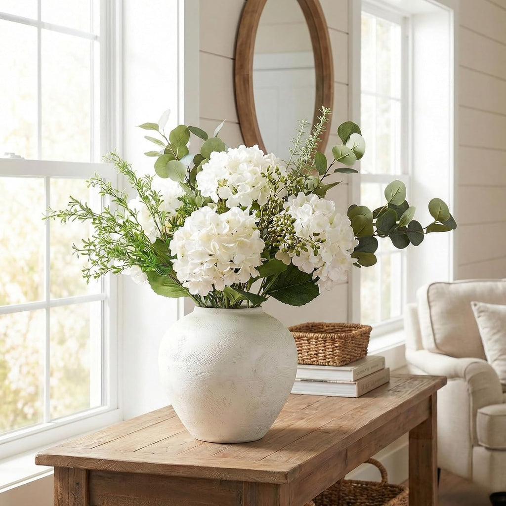 Faux Arrangement - Eucalyptus & White Hydrangea Flowers, Large Artificial Floral Greenery Centerpieces for Tables