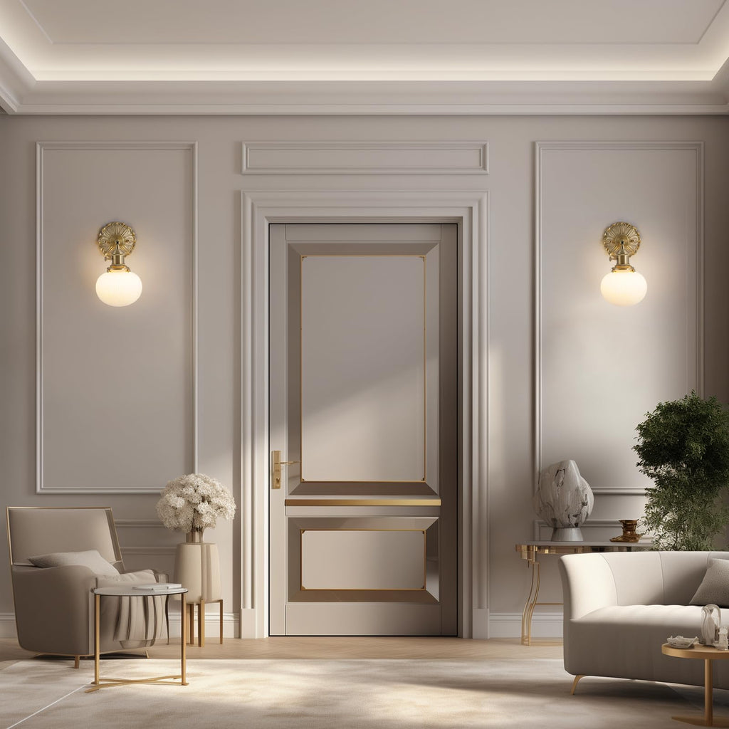 Nordic Brass Wall Sconce Modern Adjustable Interior Wall Sconce with Spherical Opal Glass Shade Stripe Finish