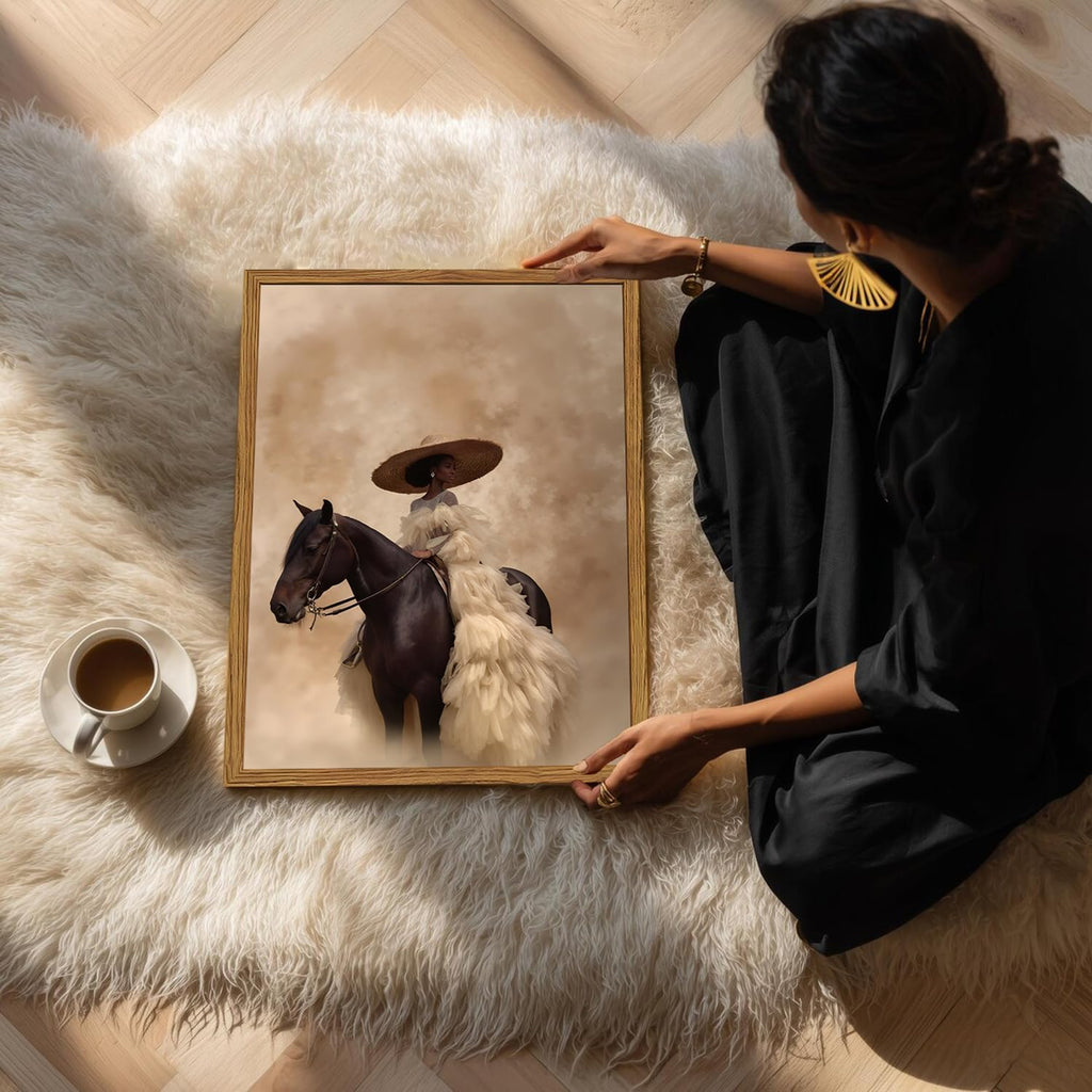 Framed Western Cowgirl Wall Art, Fashion Black Girl Riding Horse Canvas Wall Decor Painting, Black Woman African