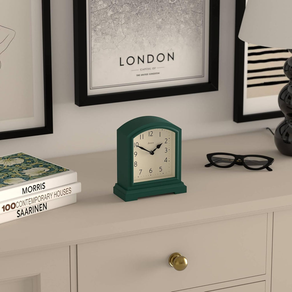 Tavern Mantel Clock - Modern Arch top Design - Dark Green - Contemporary Classic Style for Desk, Table, Shelf or Bedside