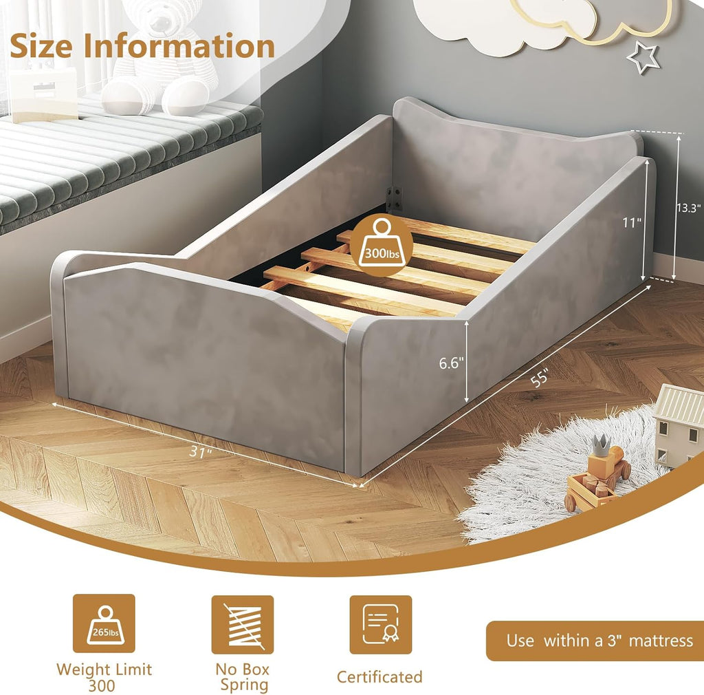 Toddler Bed, Floor Bed with Safety Guadrail, Montessori Toddler Bed with Animal Ear Shapes, Soft Velvet Wood Bed for