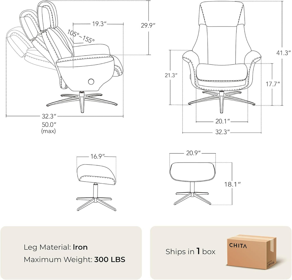 Modern Reclining Swivel Lounge Chair and Ottoman — Saddle Genuine Leather