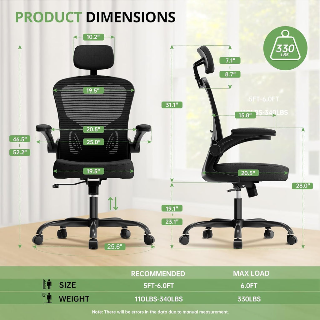 Ergonomic Desk Chair, 330LBS Capacity, High Back Computer Chair for Long Hours Comfortable, Rolling Swivel Executive