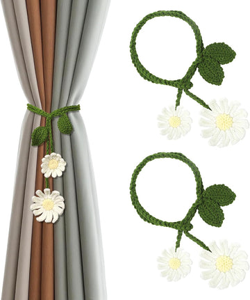 2 Pack Boho Handmade Flower Curtain Tiebacks & Holdbacks - No Drill Cotton Rope Curtain Ties, Drapery Holdback