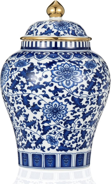 Blue and White Ginger Jar with Gilt Edges, Ceramic Ginger Jar with Lid, Exquisite Floral Patterns Chinoiserie Tea
