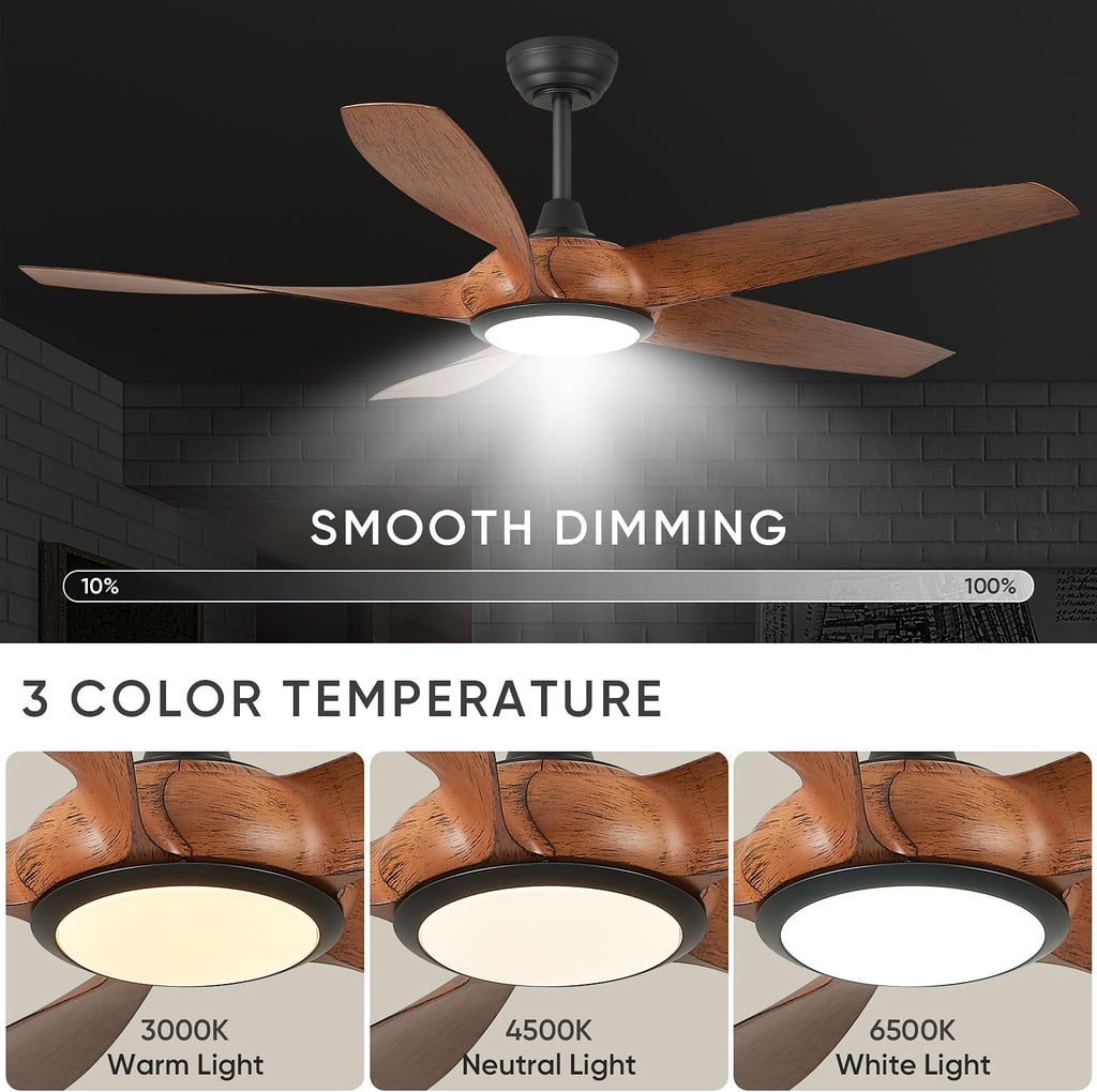 54'' Ceiling Fans with Lights, Indoor/Outdoor Modern Ceiling Fan with Remote, 5 ABS Blades, Reversible DC Motor
