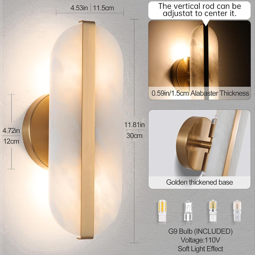 Natural Alabaster Wall Sconces Set of Two Marble Wall Sconces Gold Bathroom Vanity Wall Light Fixtures Modern Oval