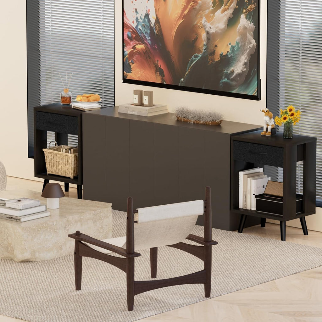 24" H Nightstands Set of 2 with Fabric Drawer, Black | Open Wood Shelf, Side Table with Storage , Spacious 15.7"L x